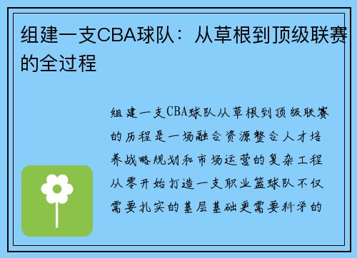 组建一支CBA球队：从草根到顶级联赛的全过程