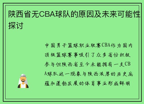 陕西省无CBA球队的原因及未来可能性探讨