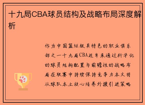 十九局CBA球员结构及战略布局深度解析