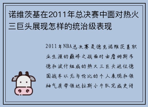 诺维茨基在2011年总决赛中面对热火三巨头展现怎样的统治级表现
